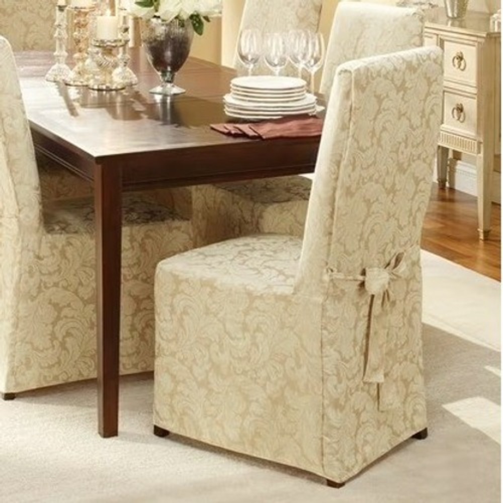 SureFit Long Dining Chair Slipcover Scroll Champagne Relaxed Fit 1 Piece New